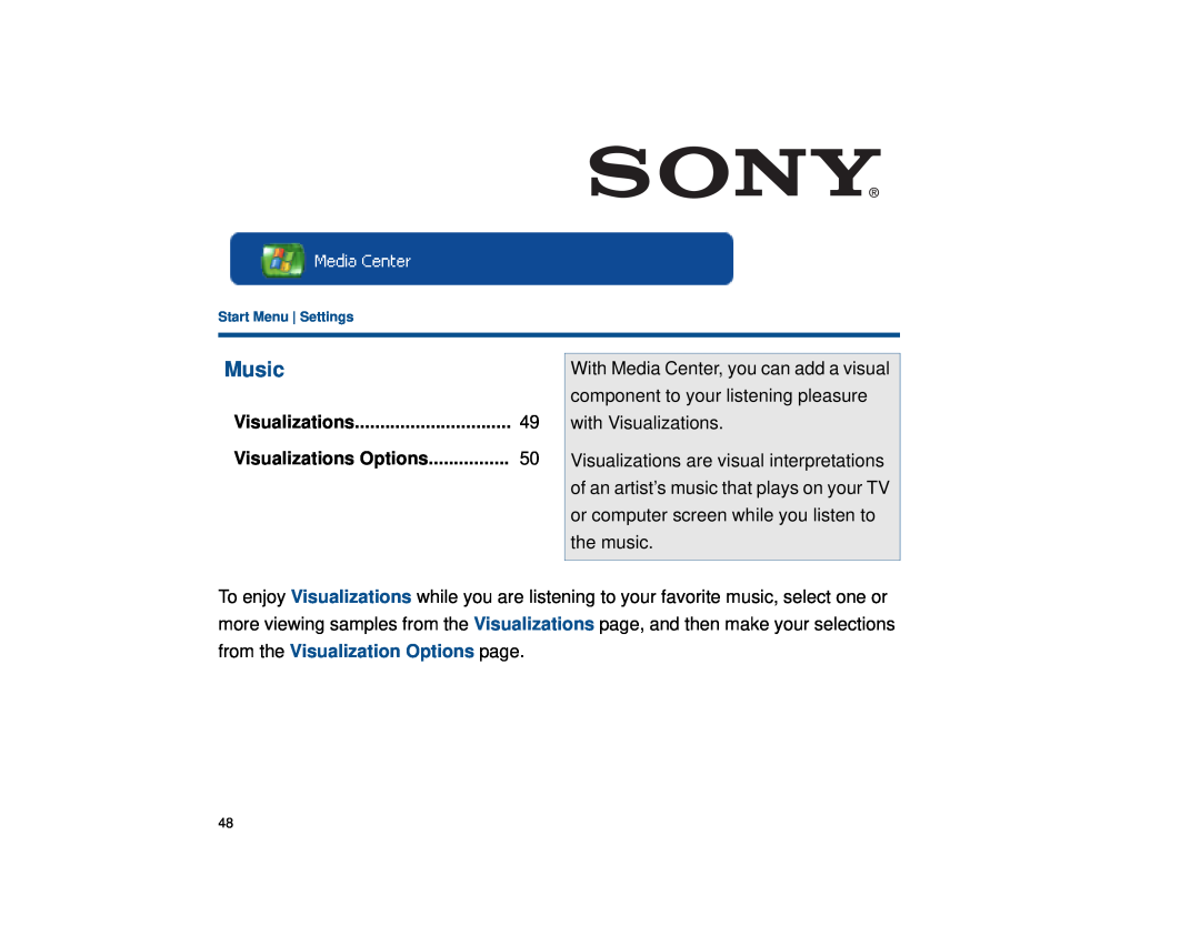 Sony VGX-XL1 manual Music, Visualizations Options 