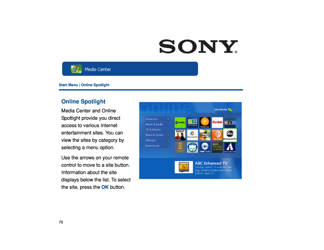 Sony VGX-XL1 manual Start Menu Online Spotlight 