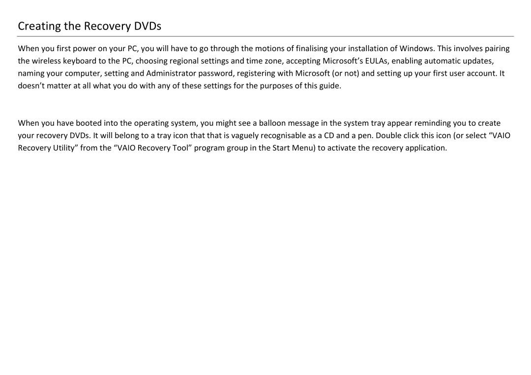 Sony VGX-XL201 manual Creating the Recovery DVDs 