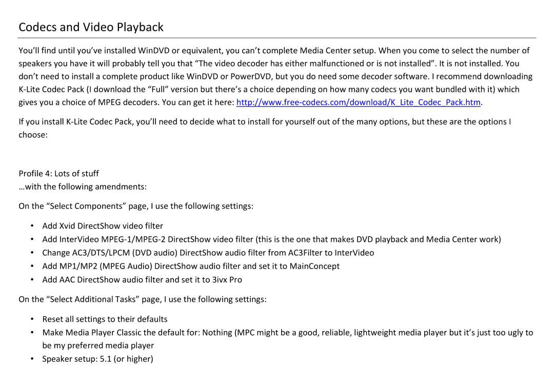 Sony VGX-XL201 manual Codecs and Video Playback 