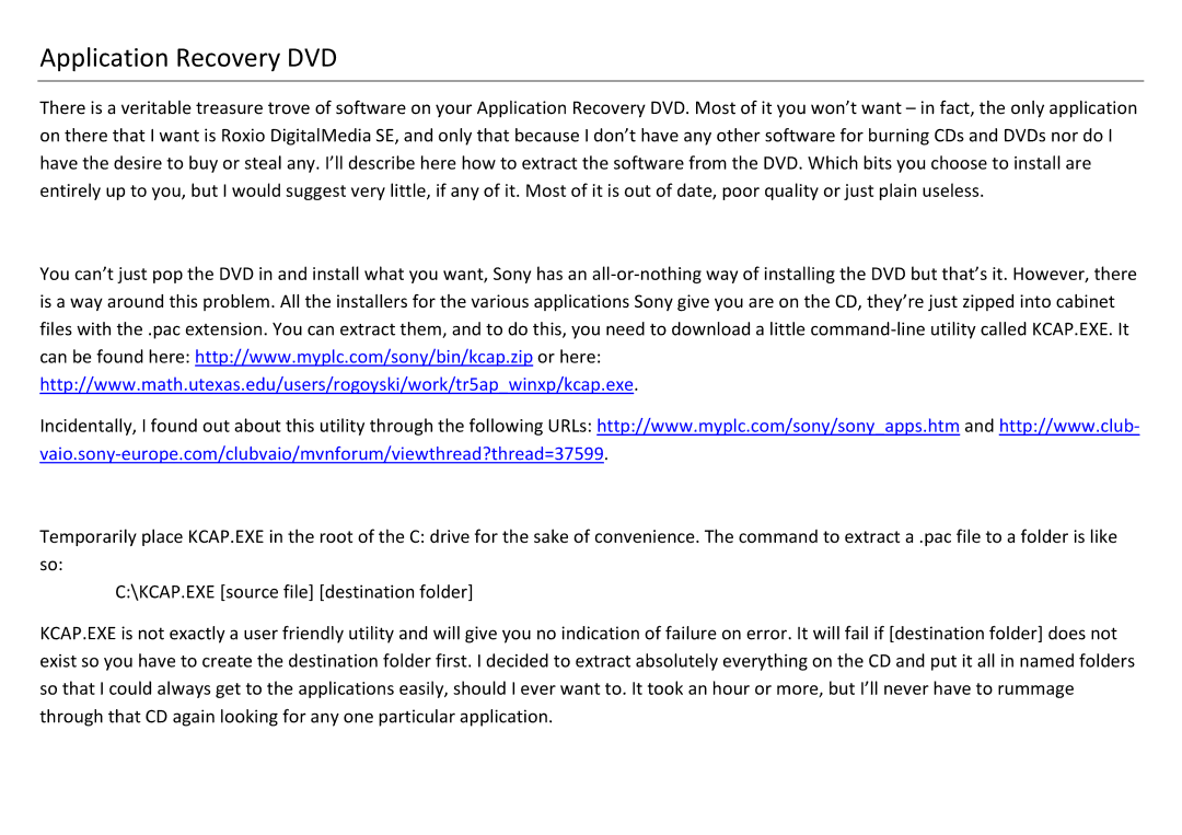 Sony VGX-XL201 manual Application Recovery DVD 