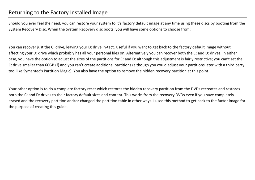 Sony VGX-XL201 manual Returning to the Factory Installed Image 