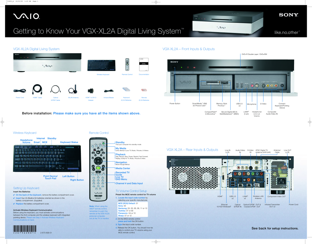 Sony manual VGX-XL2ADigital Living System, VGX-XL2A- Rear Inputs & Outputs, Wireless Keyboard, Setting Up Keyboard 