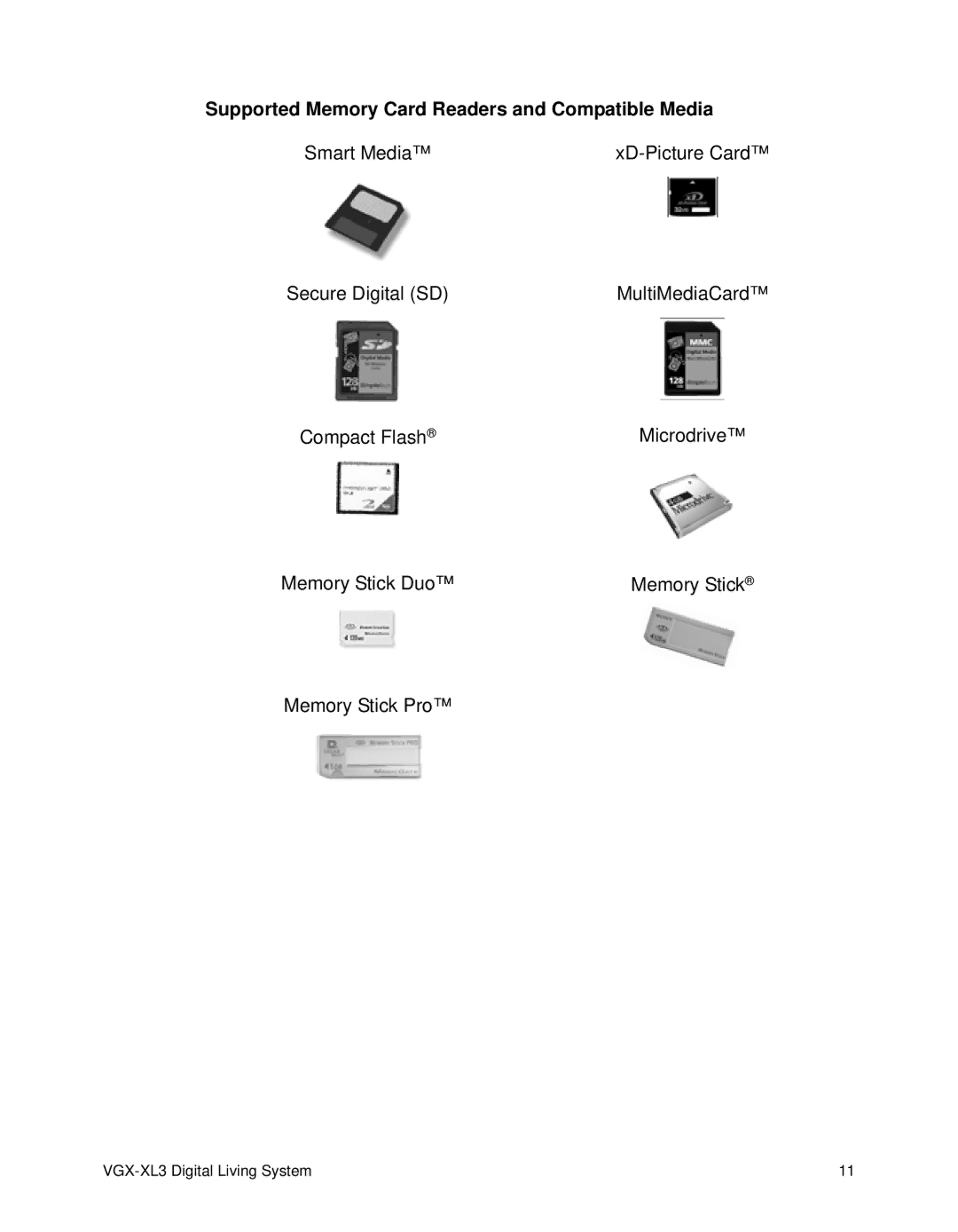 Sony VGX-XL3 manual Supported Memory Card Readers and Compatible Media 