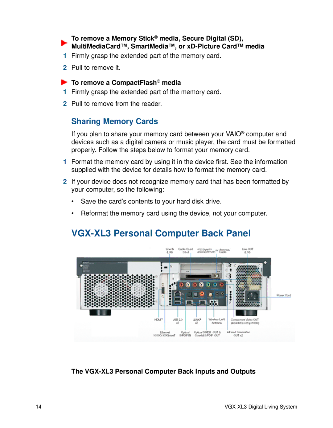 Sony manual VGX-XL3 Personal Computer Back Panel, Sharing Memory Cards, To remove a CompactFlash media 