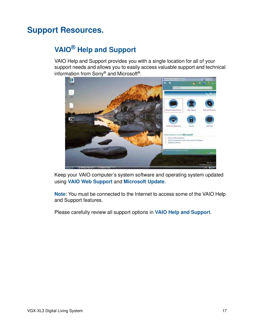 Sony VGX-XL3 manual Support Resources, Vaio Help and Support 