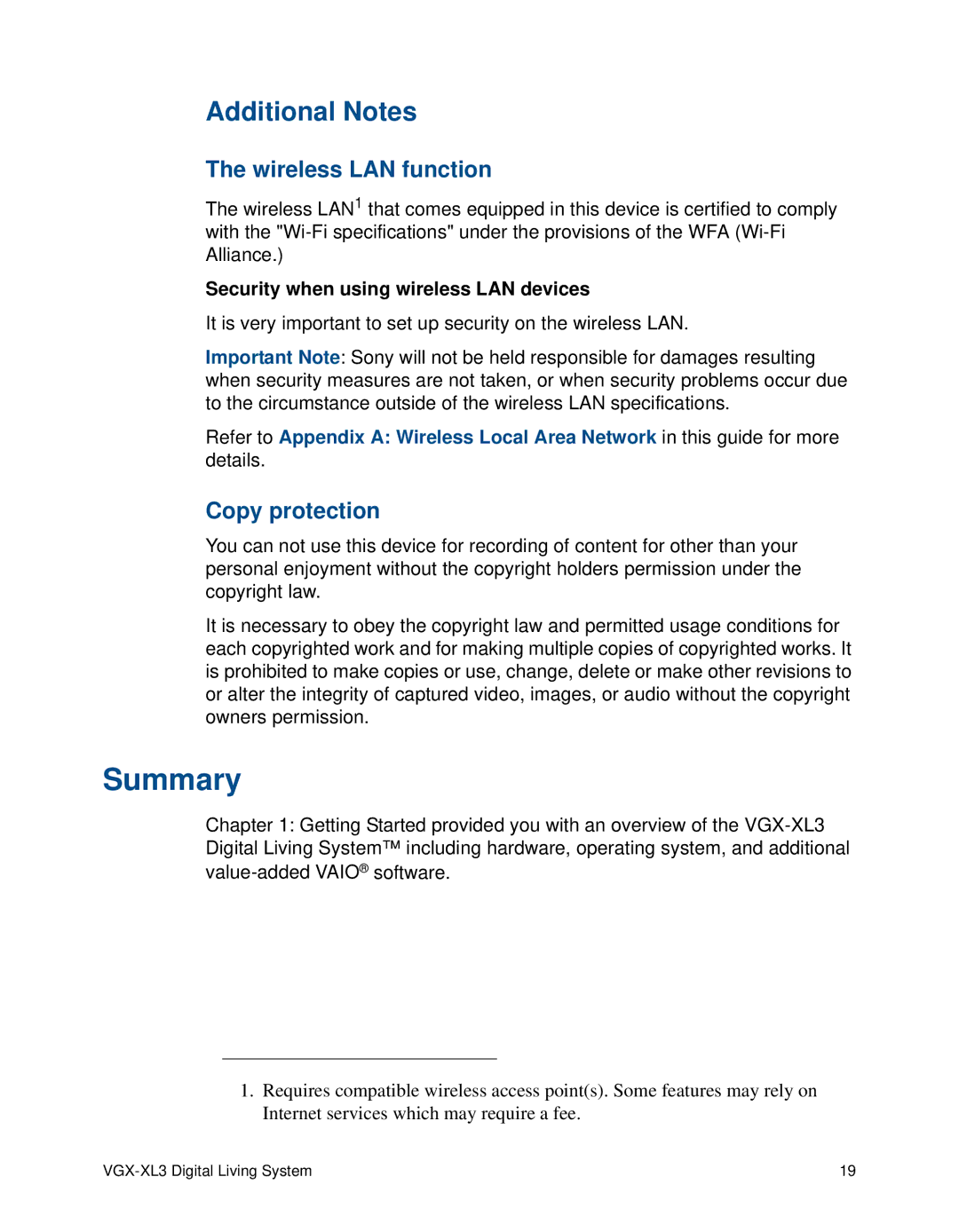 Sony VGX-XL3 Summary, Additional Notes, Wireless LAN function, Copy protection, Security when using wireless LAN devices 