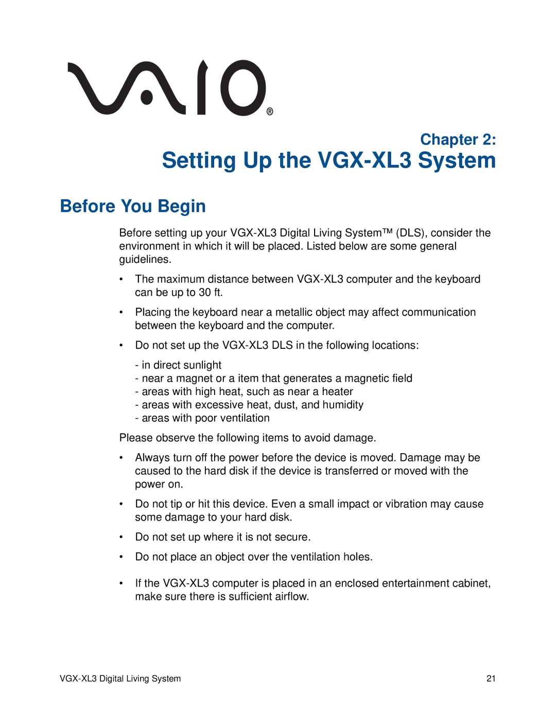 Sony manual Setting Up the VGX-XL3 System, Before You Begin 