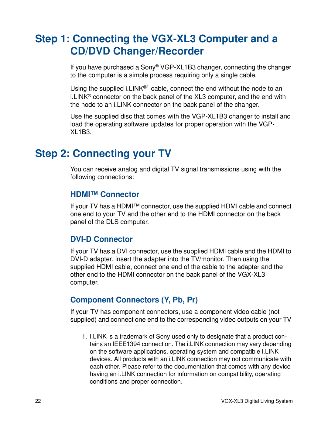 Sony VGX-XL3 manual Connecting your TV, Hdmi Connector, DVI-D Connector, Component Connectors Y, Pb, Pr 