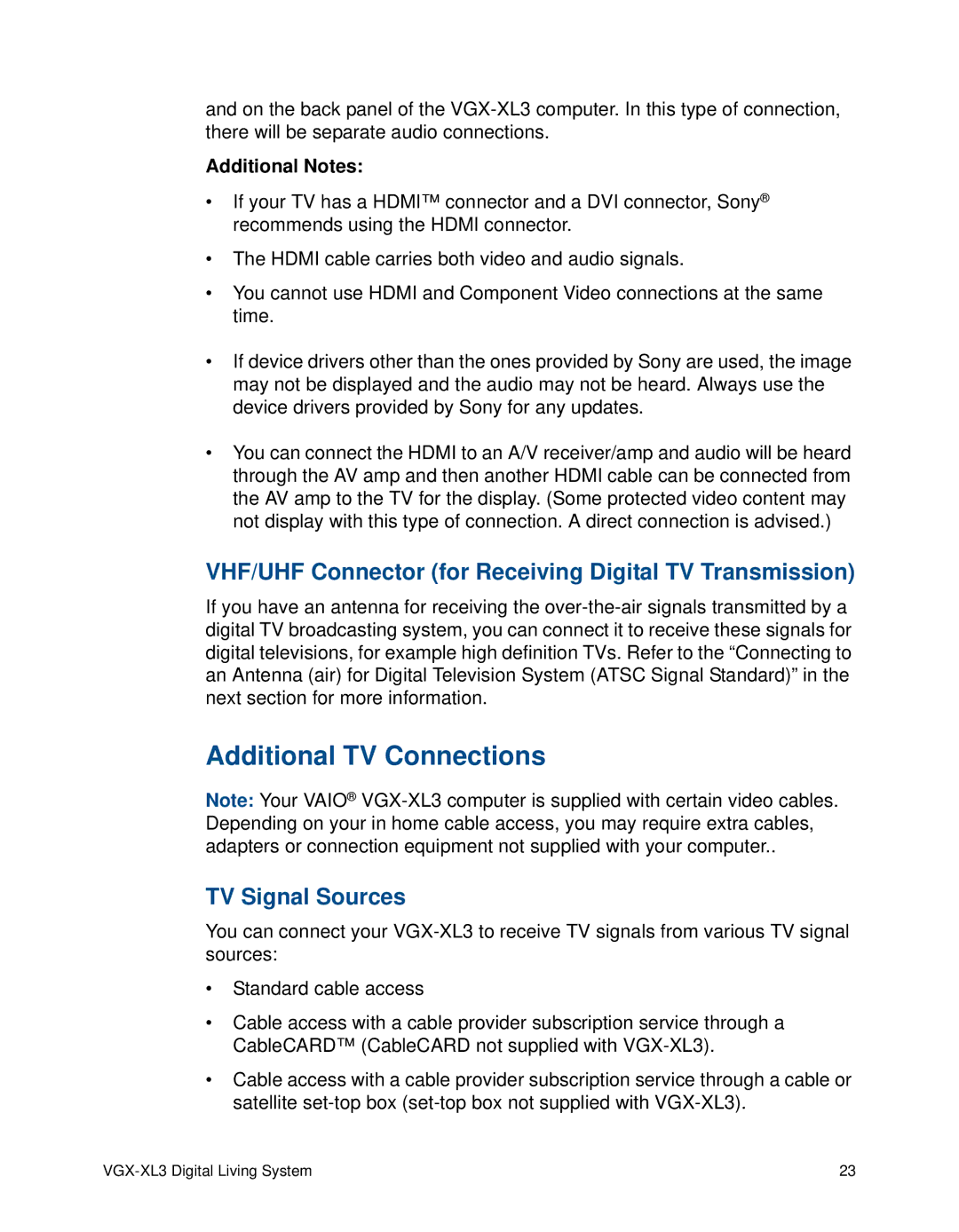 Sony VGX-XL3 manual Additional TV Connections, VHF/UHF Connector for Receiving Digital TV Transmission, TV Signal Sources 