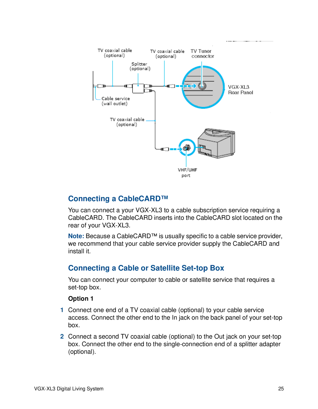 Sony VGX-XL3 manual Connecting a CableCARD, Connecting a Cable or Satellite Set-top Box 