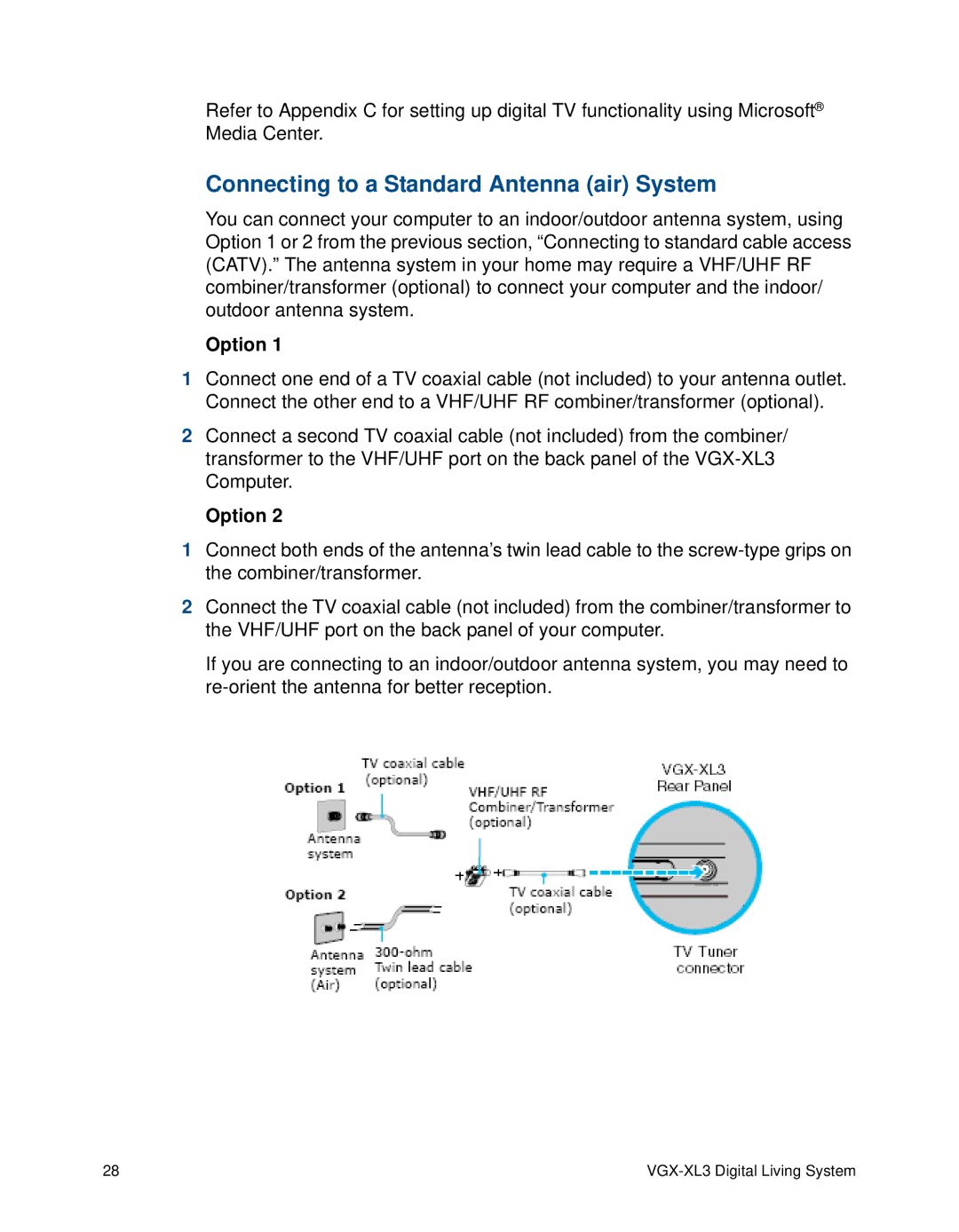 Sony VGX-XL3 manual Connecting to a Standard Antenna air System 