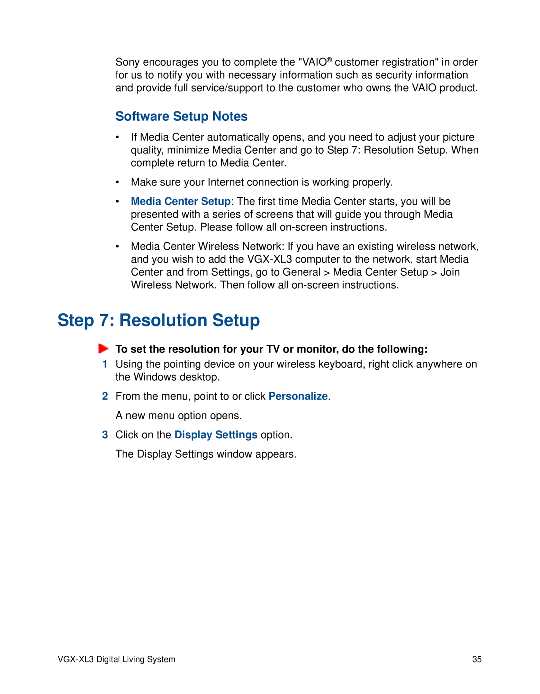 Sony VGX-XL3 manual Resolution Setup, Software Setup Notes 