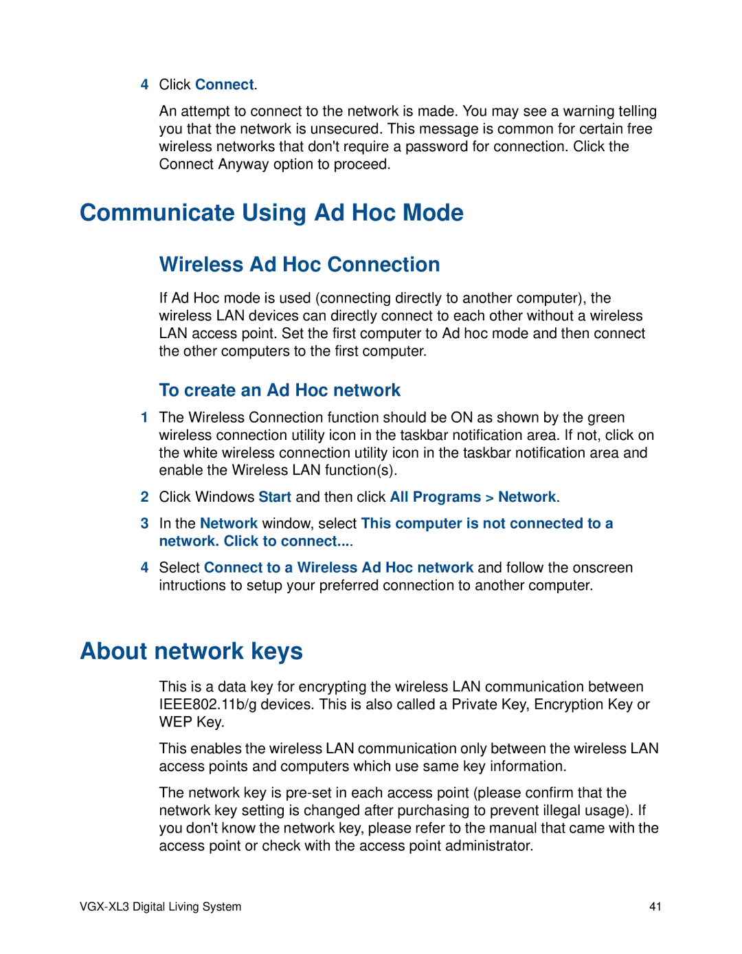 Sony VGX-XL3 Communicate Using Ad Hoc Mode, About network keys, Wireless Ad Hoc Connection, To create an Ad Hoc network 