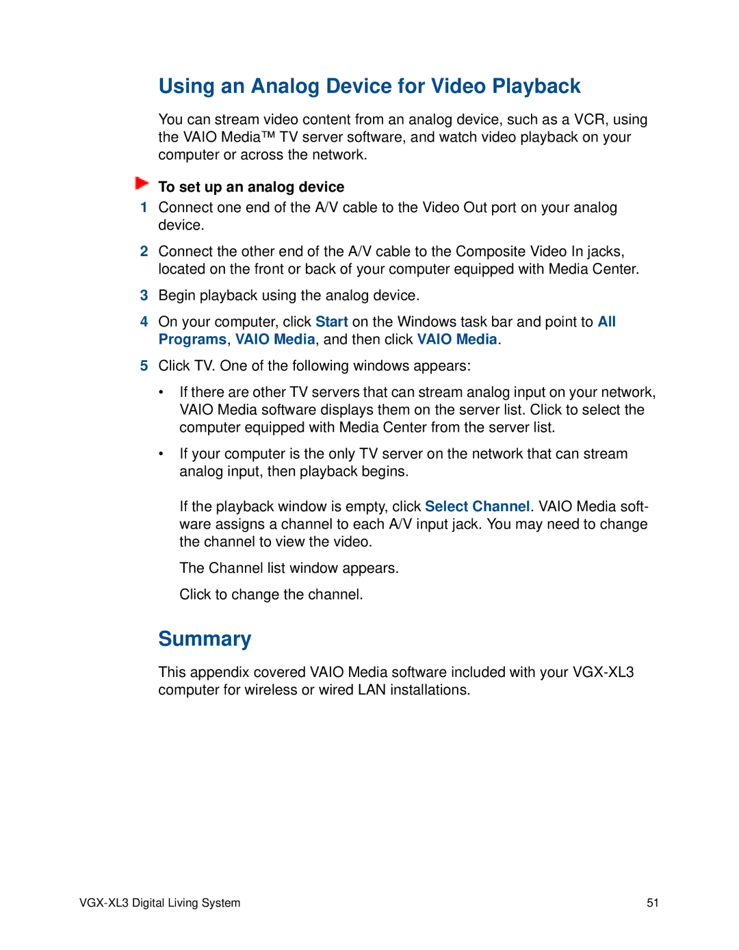 Sony VGX-XL3 manual Using an Analog Device for Video Playback, Summary, To set up an analog device 