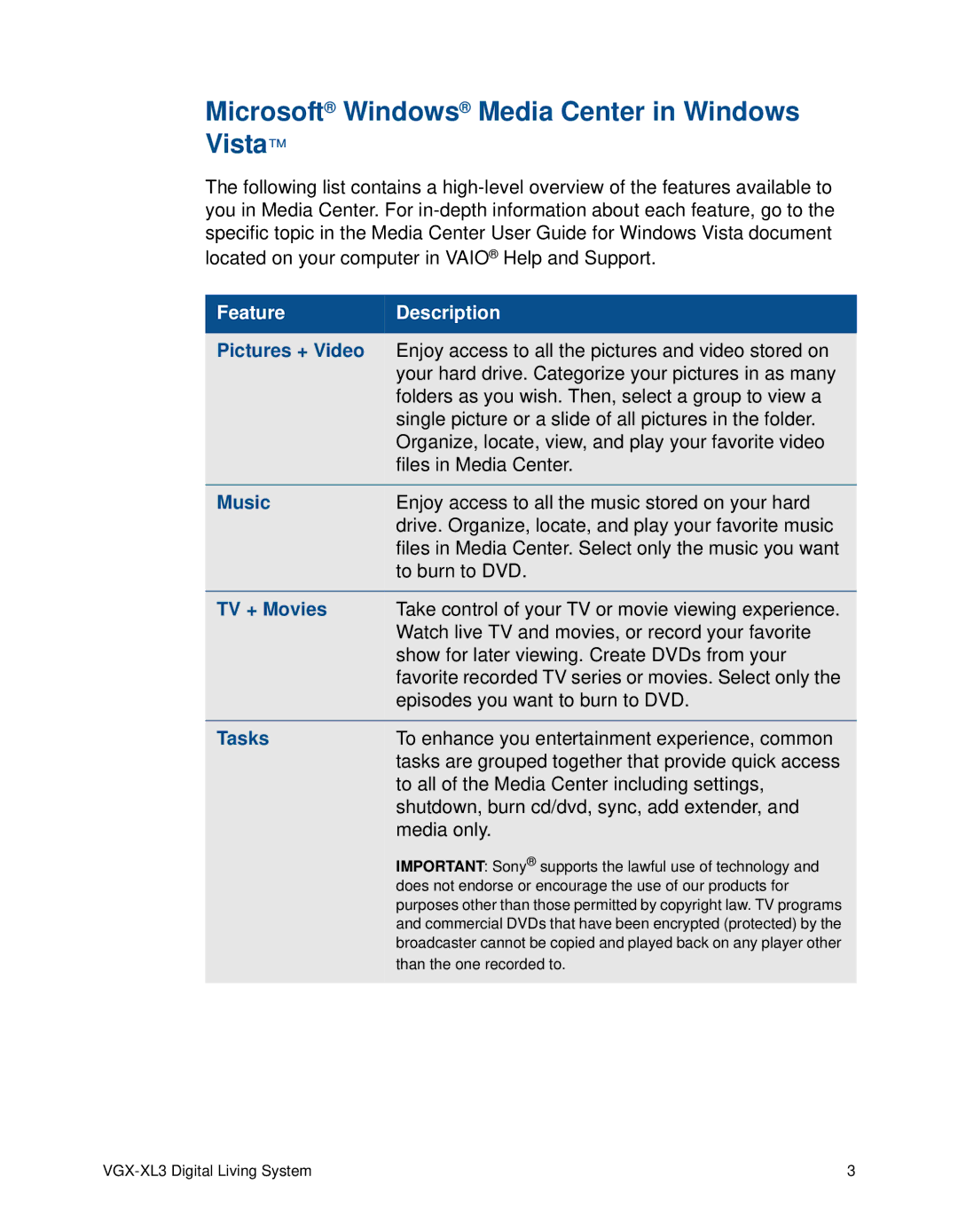 Sony VGX-XL3 manual Microsoft Windows Media Center in Windows Vista, Feature Description 
