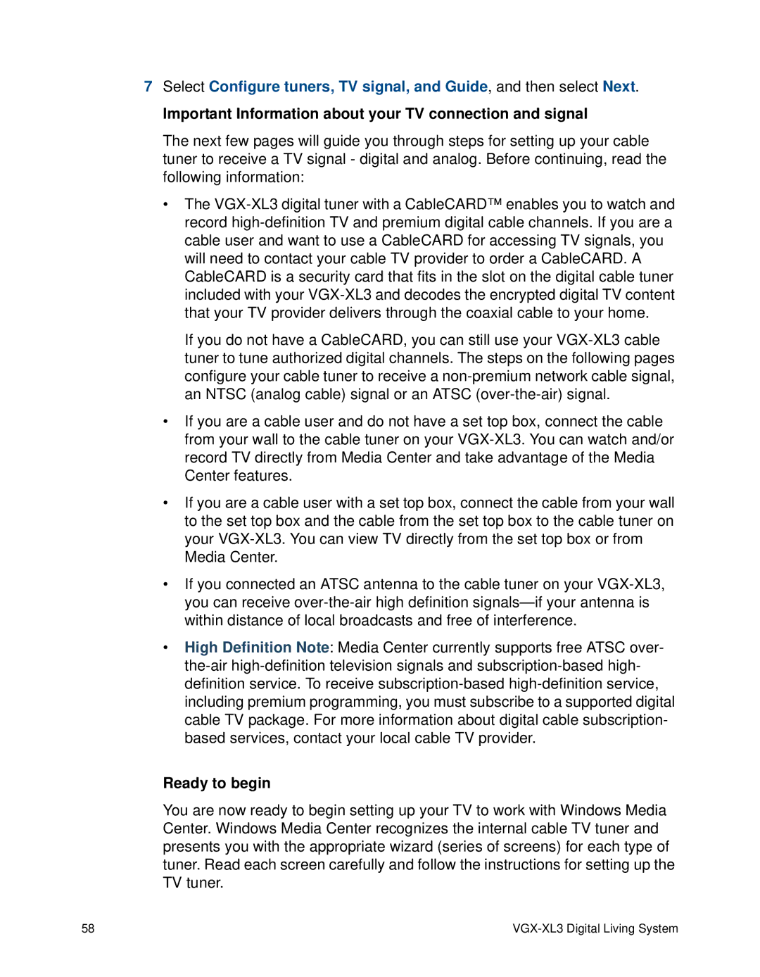 Sony VGX-XL3 manual Important Information about your TV connection and signal, Ready to begin 