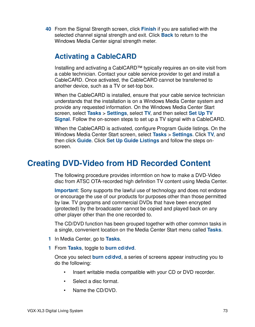 Sony VGX-XL3 manual Creating DVD-Video from HD Recorded Content, Activating a CableCARD 