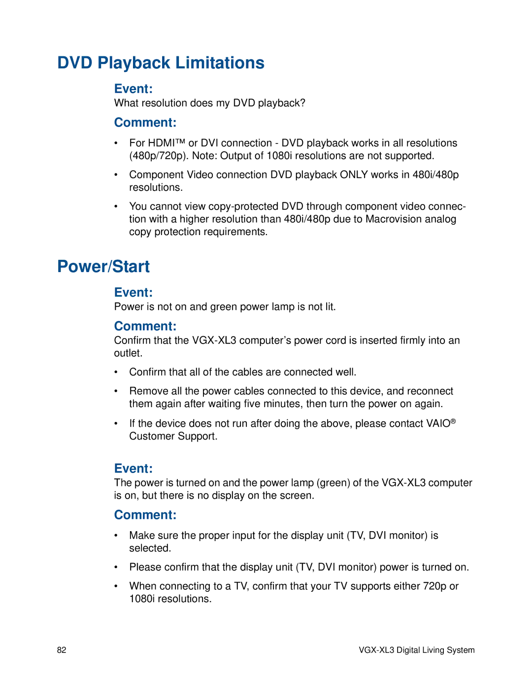 Sony VGX-XL3 manual DVD Playback Limitations, Power/Start, Event, Comment 