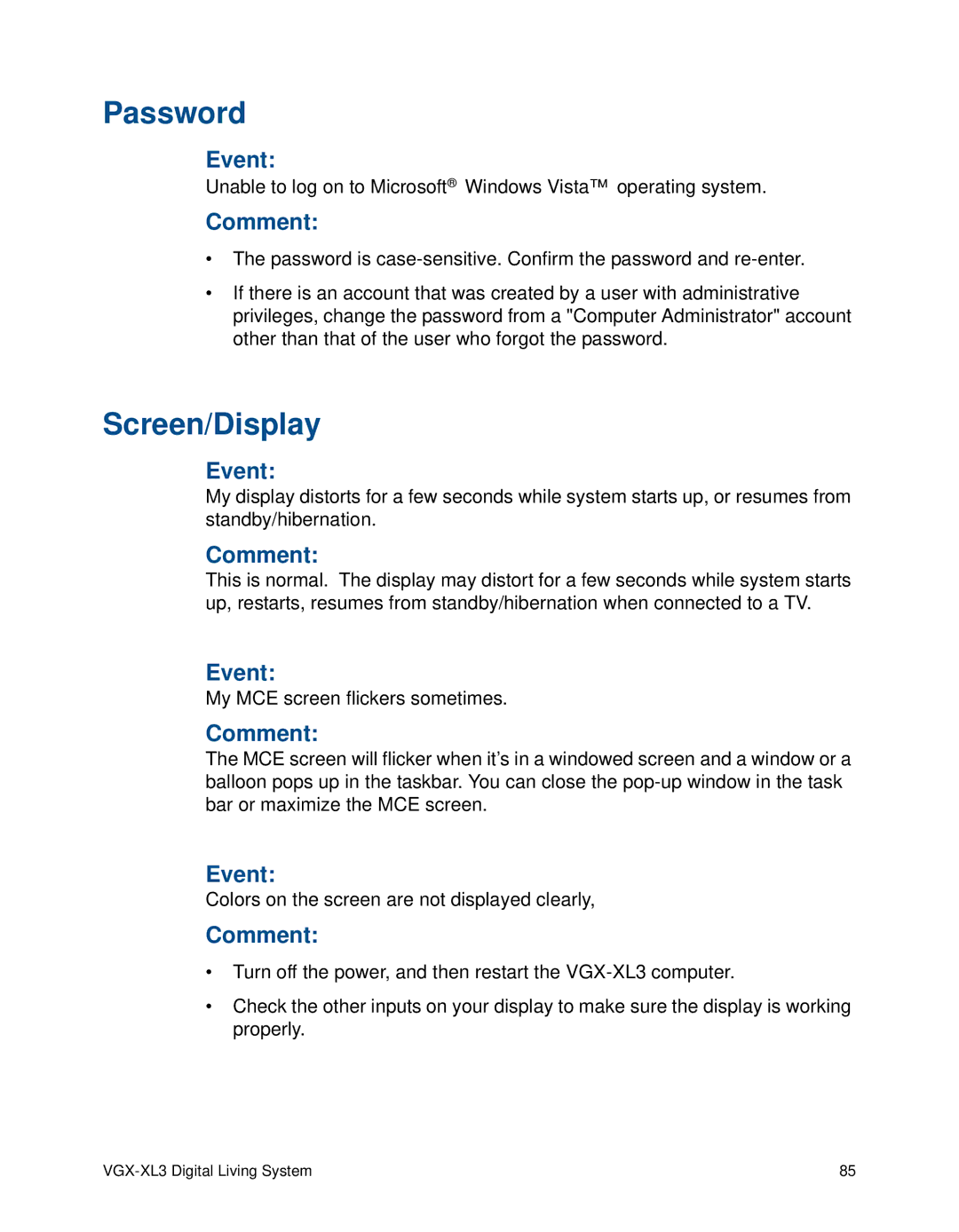 Sony VGX-XL3 manual Password, Screen/Display 