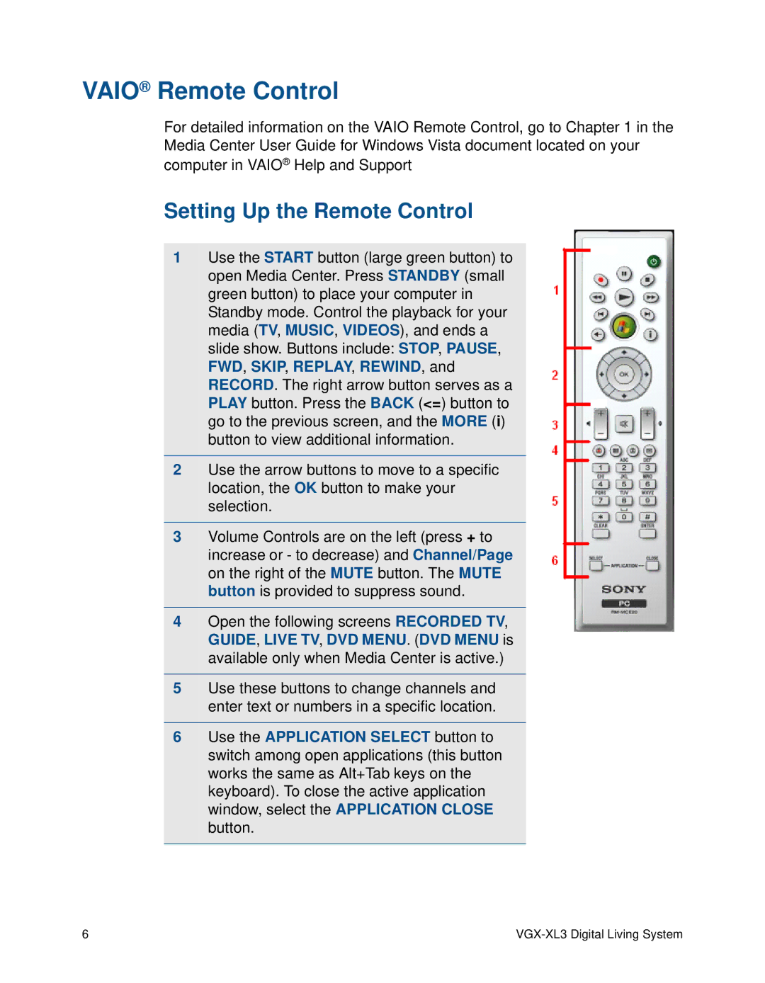 Sony VGX-XL3 manual Vaio Remote Control, Setting Up the Remote Control 