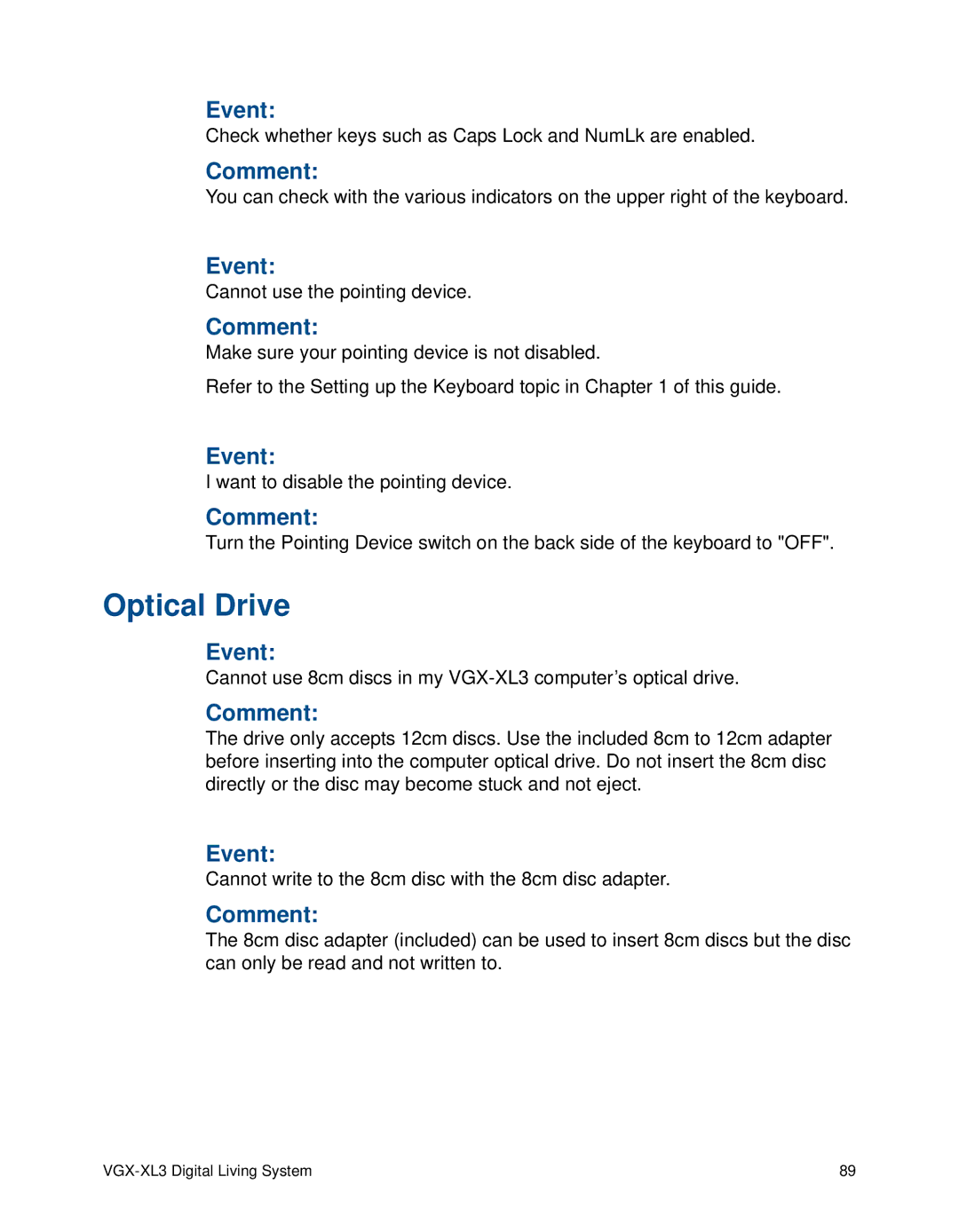 Sony VGX-XL3 manual Optical Drive 