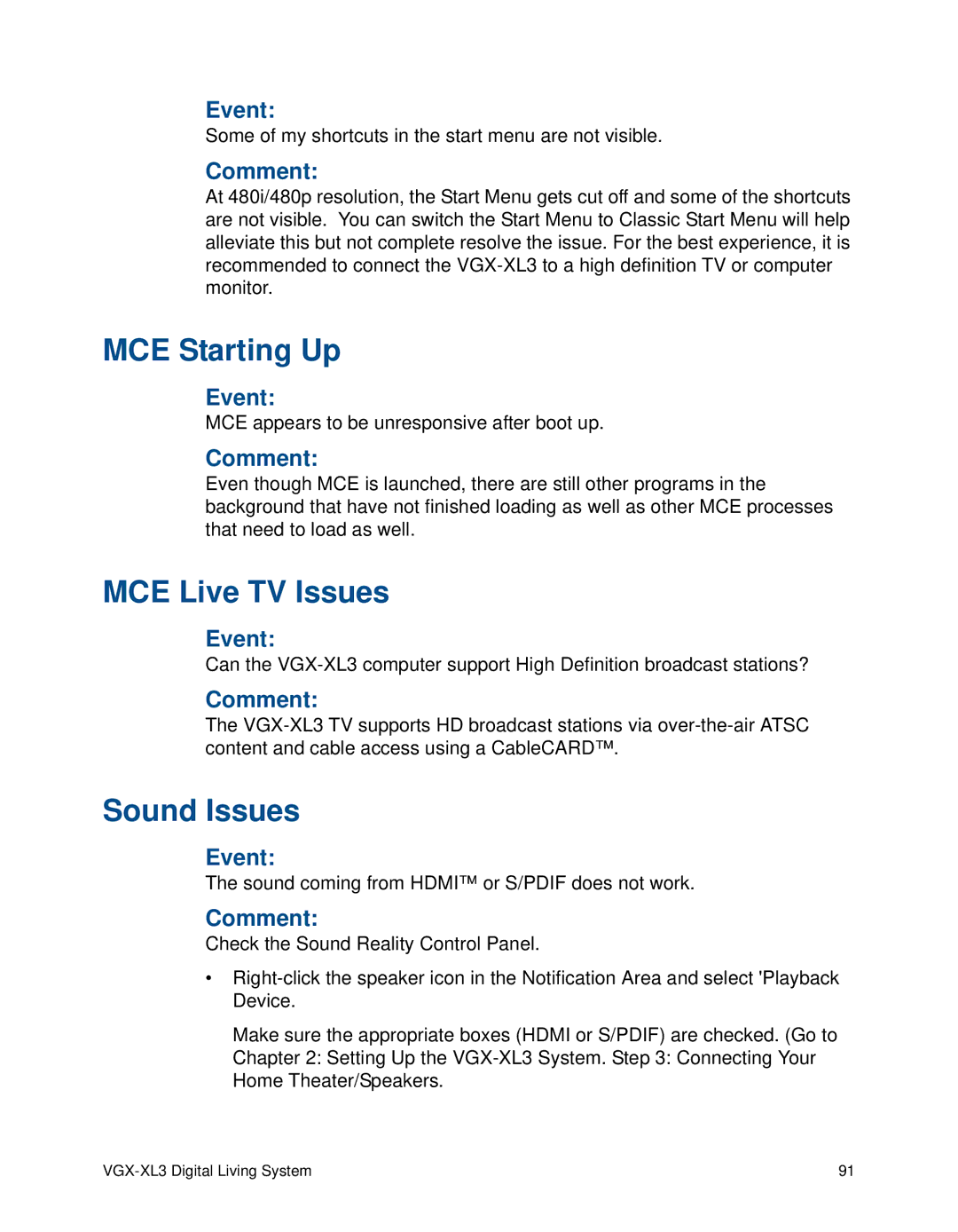 Sony VGX-XL3 manual MCE Starting Up, MCE Live TV Issues, Sound Issues 