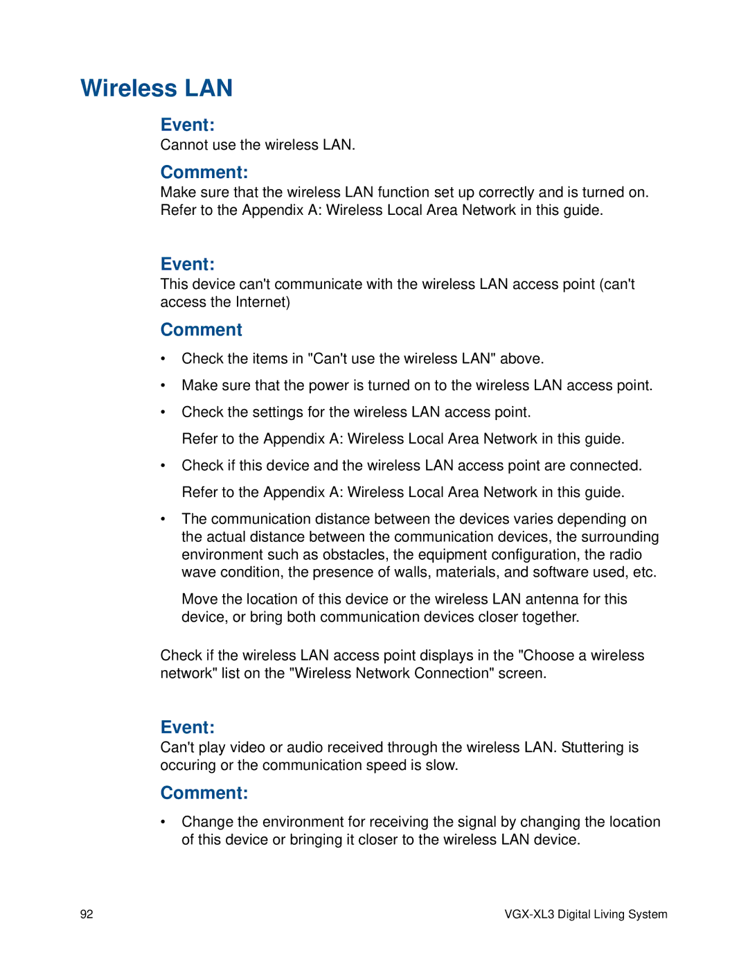 Sony VGX-XL3 manual Wireless LAN 