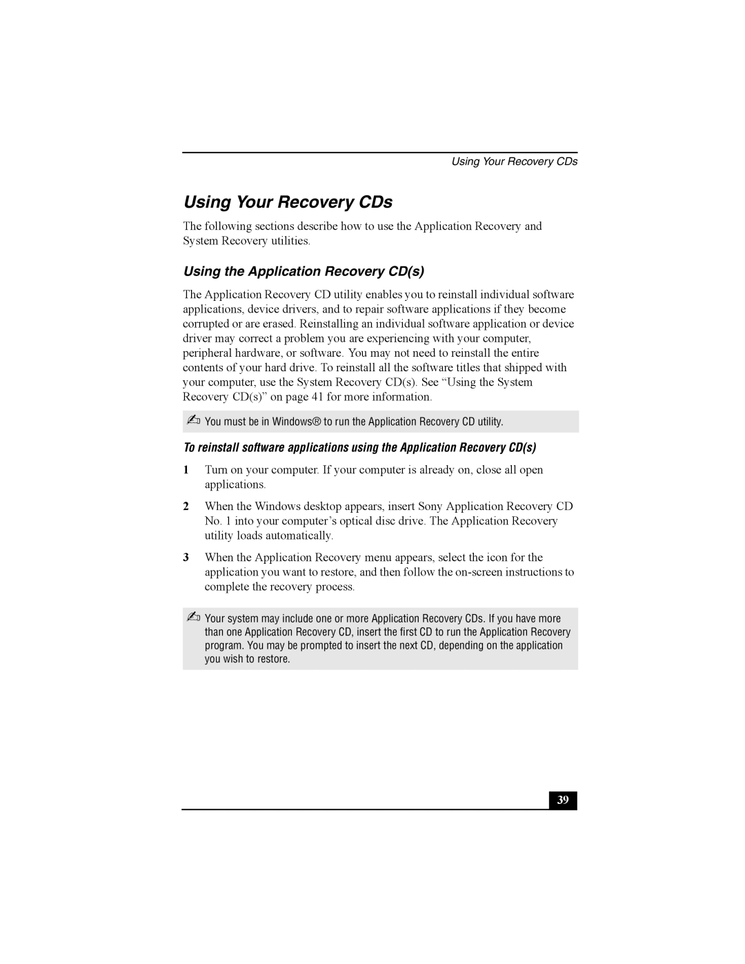 Sony Viao PictureBook Computer manual Using Your Recovery CDs, Using the Application Recovery CDs 