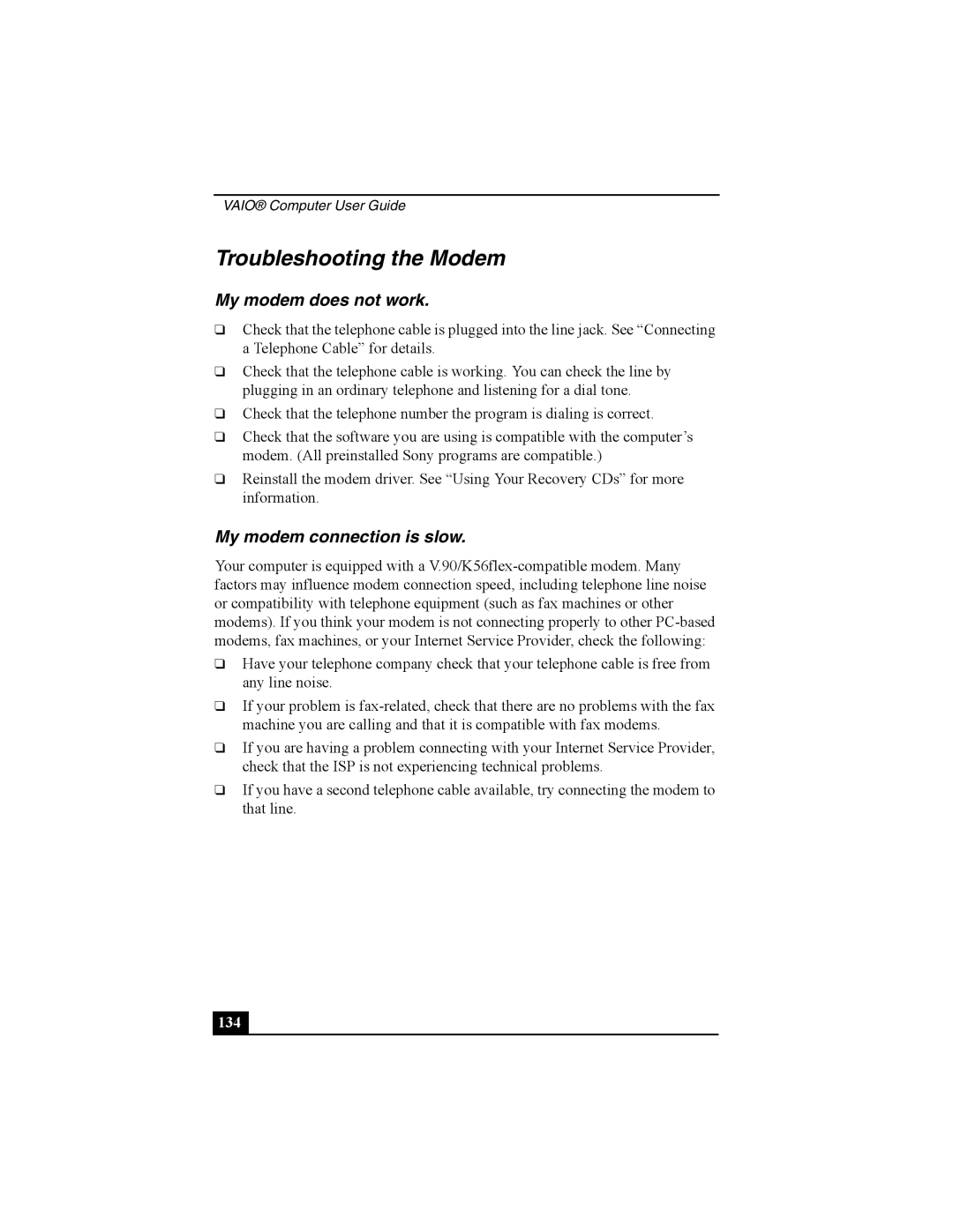 Sony Viao PictureBook Computer manual Troubleshooting the Modem, My modem does not work, My modem connection is slow 