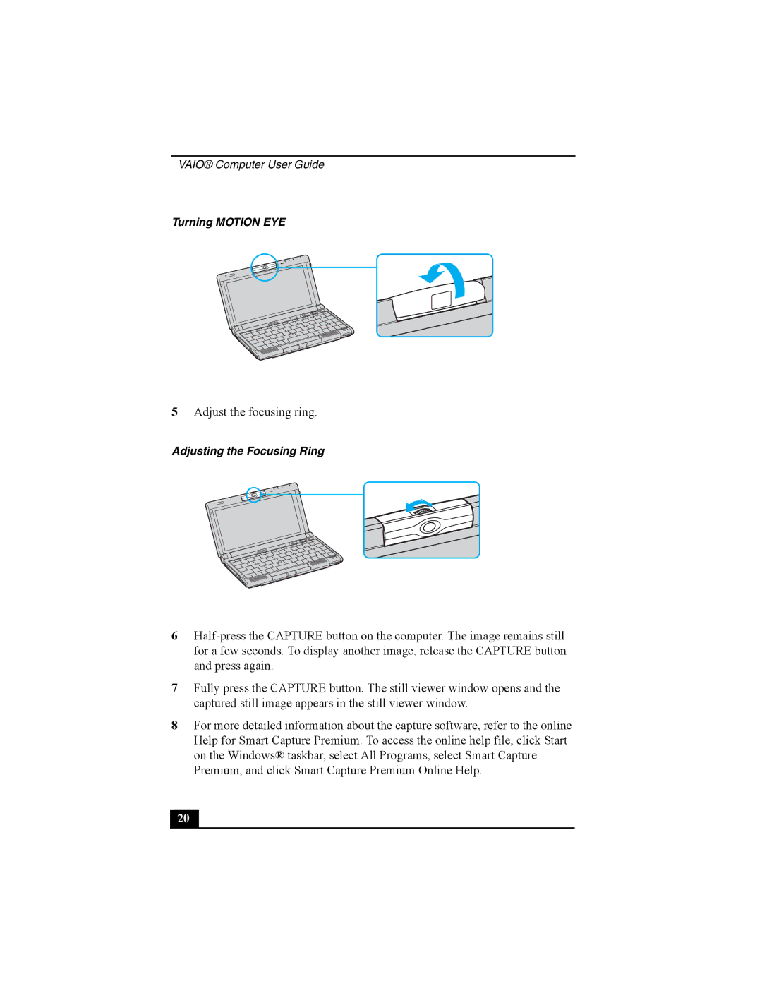 Sony Viao PictureBook Computer manual Turning Motion EYE, Adjusting the Focusing Ring 