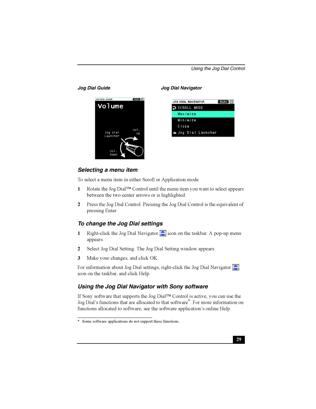 Sony Viao PictureBook Computer Selecting a menu item, To change the Jog Dial settings, Jog Dial Guide Jog Dial Navigator 