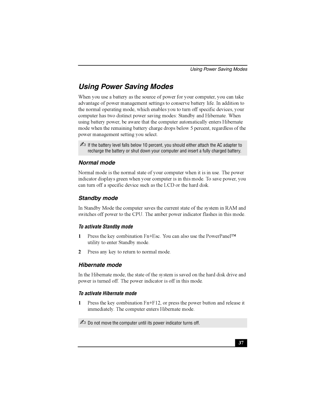 Sony Viao PictureBook Computer manual Using Power Saving Modes, Normal mode, Standby mode, Hibernate mode 