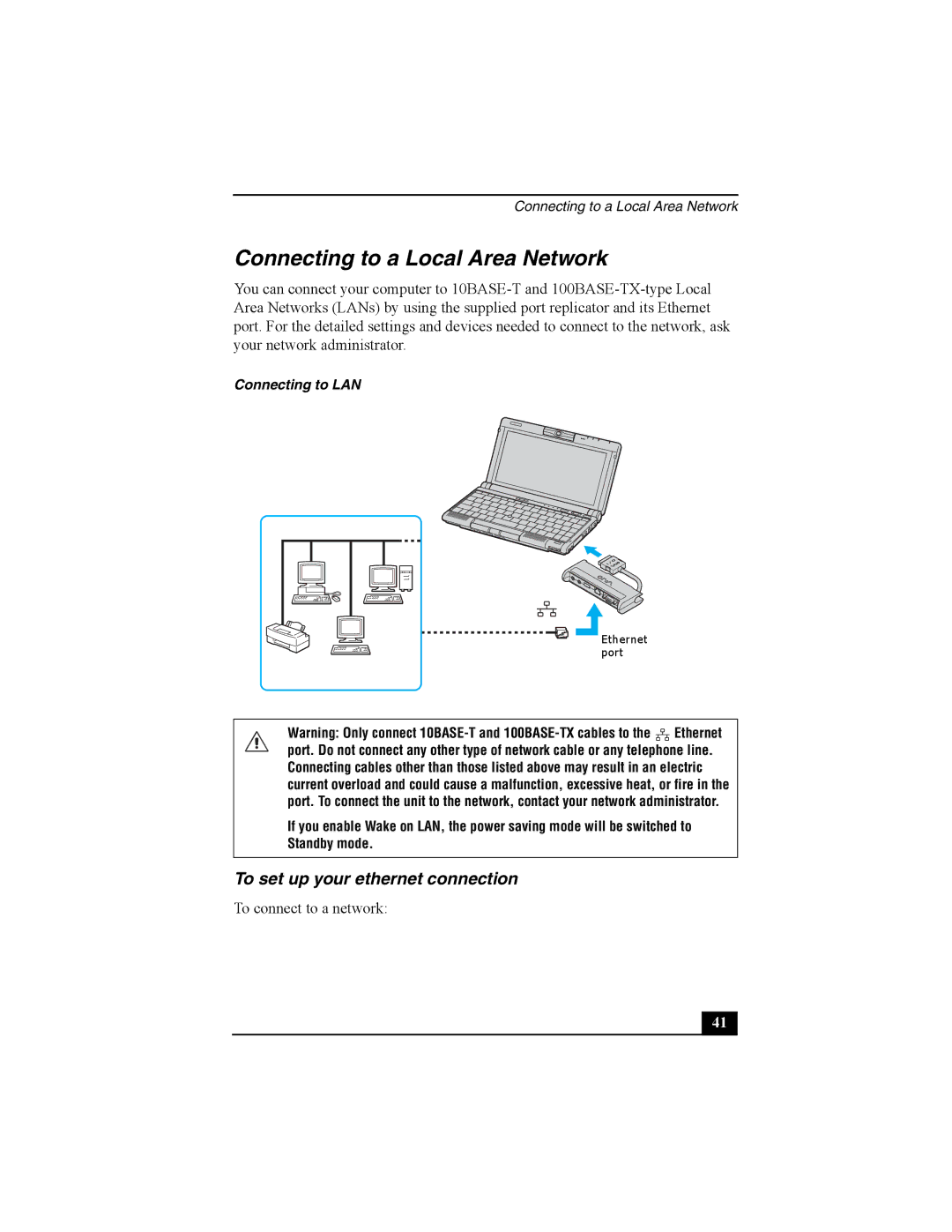 Sony Viao PictureBook Computer Connecting to a Local Area Network, To set up your ethernet connection, Connecting to LAN 