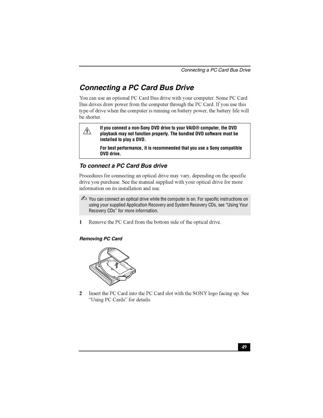 Sony Viao PictureBook Computer manual Connecting a PC Card Bus Drive, To connect a PC Card Bus drive, Removing PC Card 