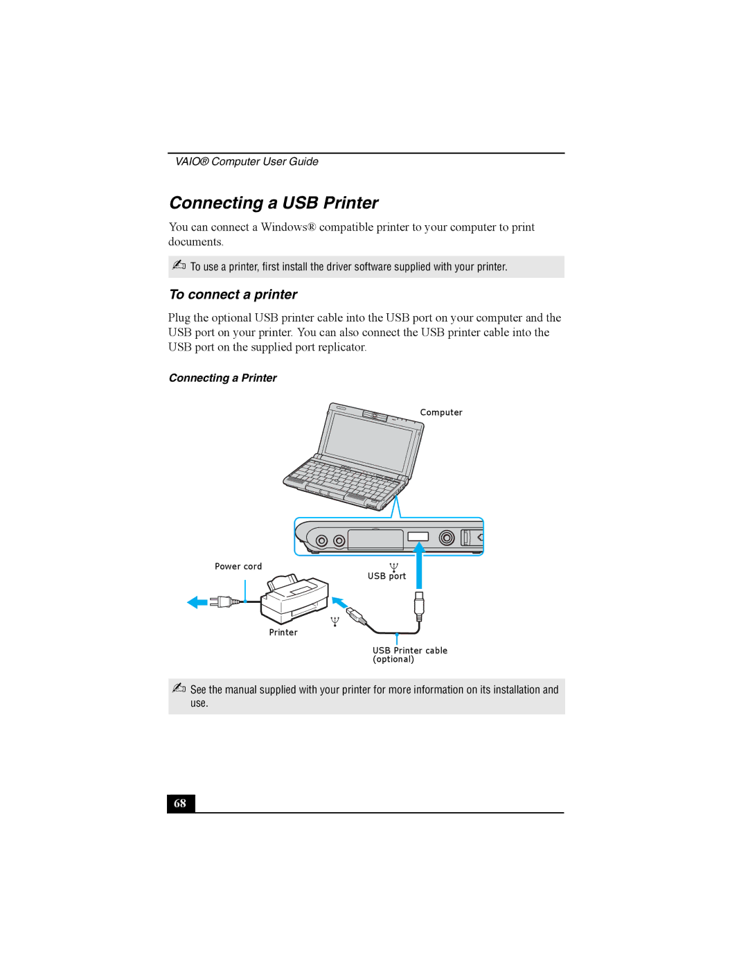 Sony Viao PictureBook Computer manual Connecting a USB Printer, To connect a printer, Connecting a Printer 