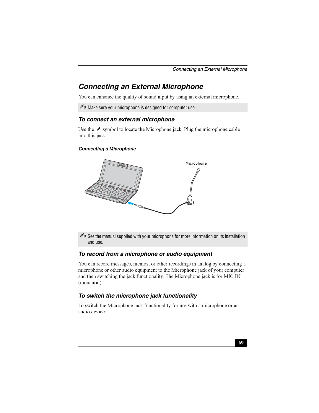 Sony Viao PictureBook Computer manual Connecting an External Microphone, To connect an external microphone 