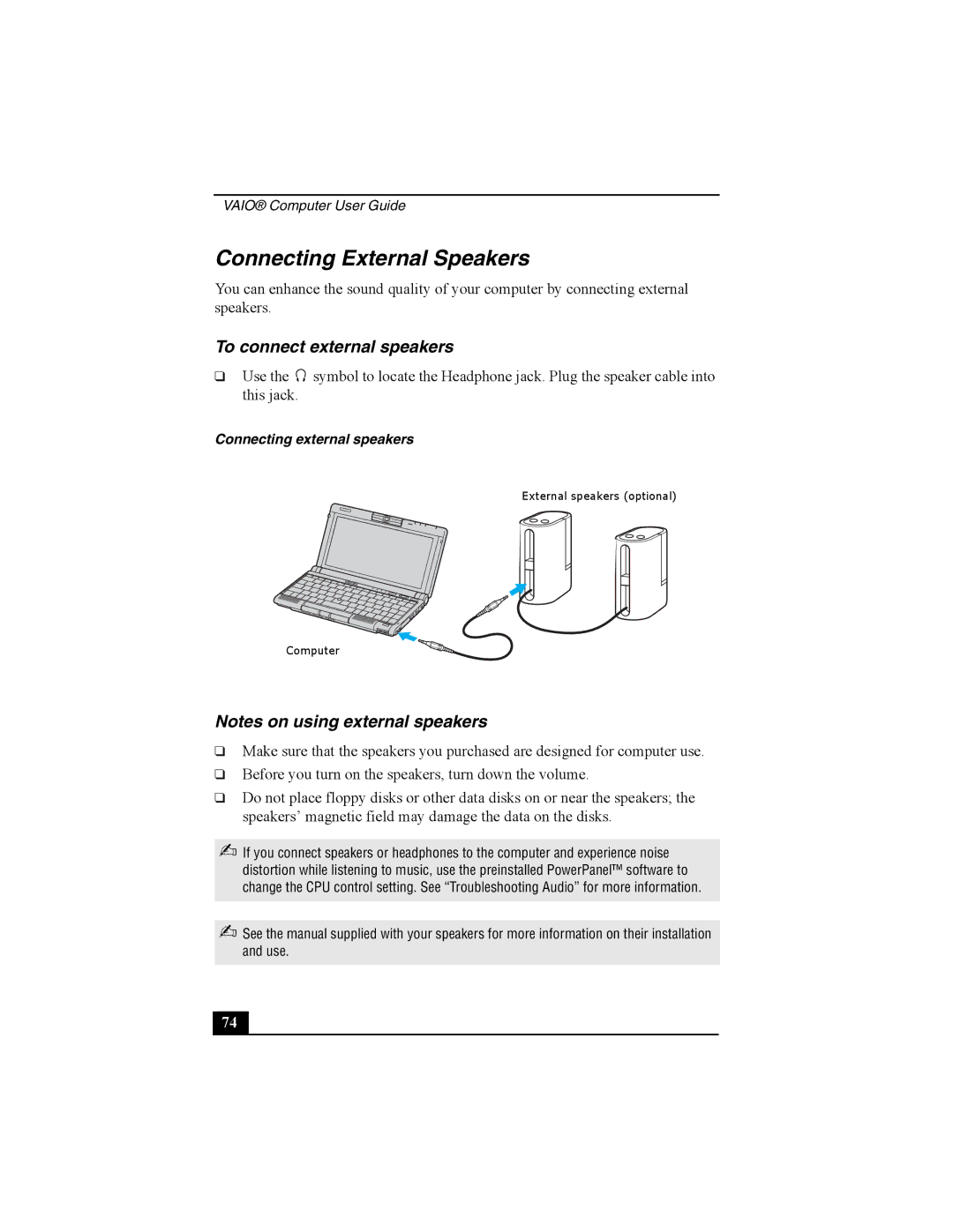 Sony Viao PictureBook Computer Connecting External Speakers, To connect external speakers, Connecting external speakers 