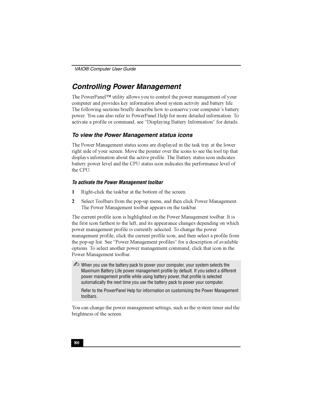 Sony Viao PictureBook Computer manual Controlling Power Management, To view the Power Management status icons 