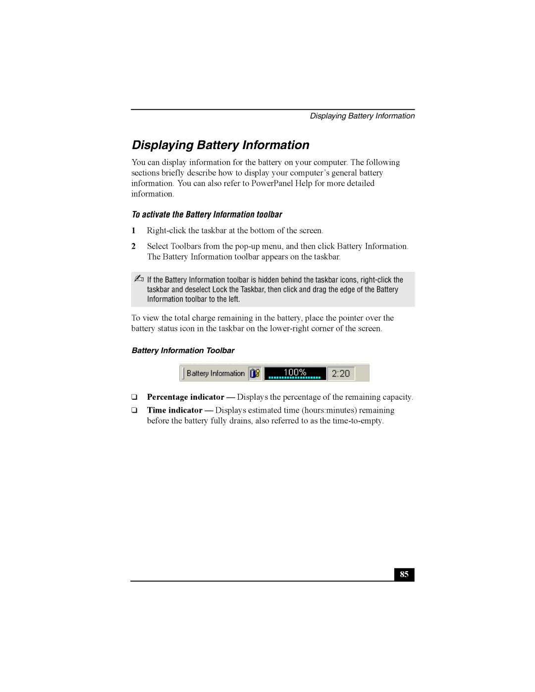 Sony Viao PictureBook Computer manual Displaying Battery Information, To activate the Battery Information toolbar 