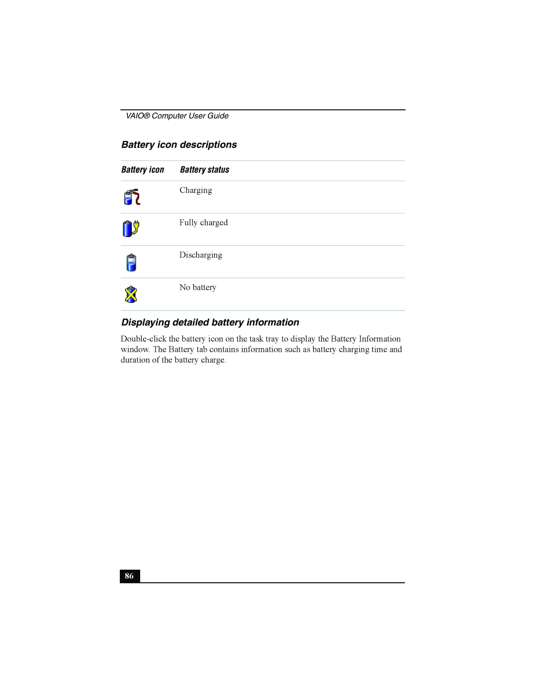 Sony Viao PictureBook Computer manual Battery icon descriptions, Displaying detailed battery information 