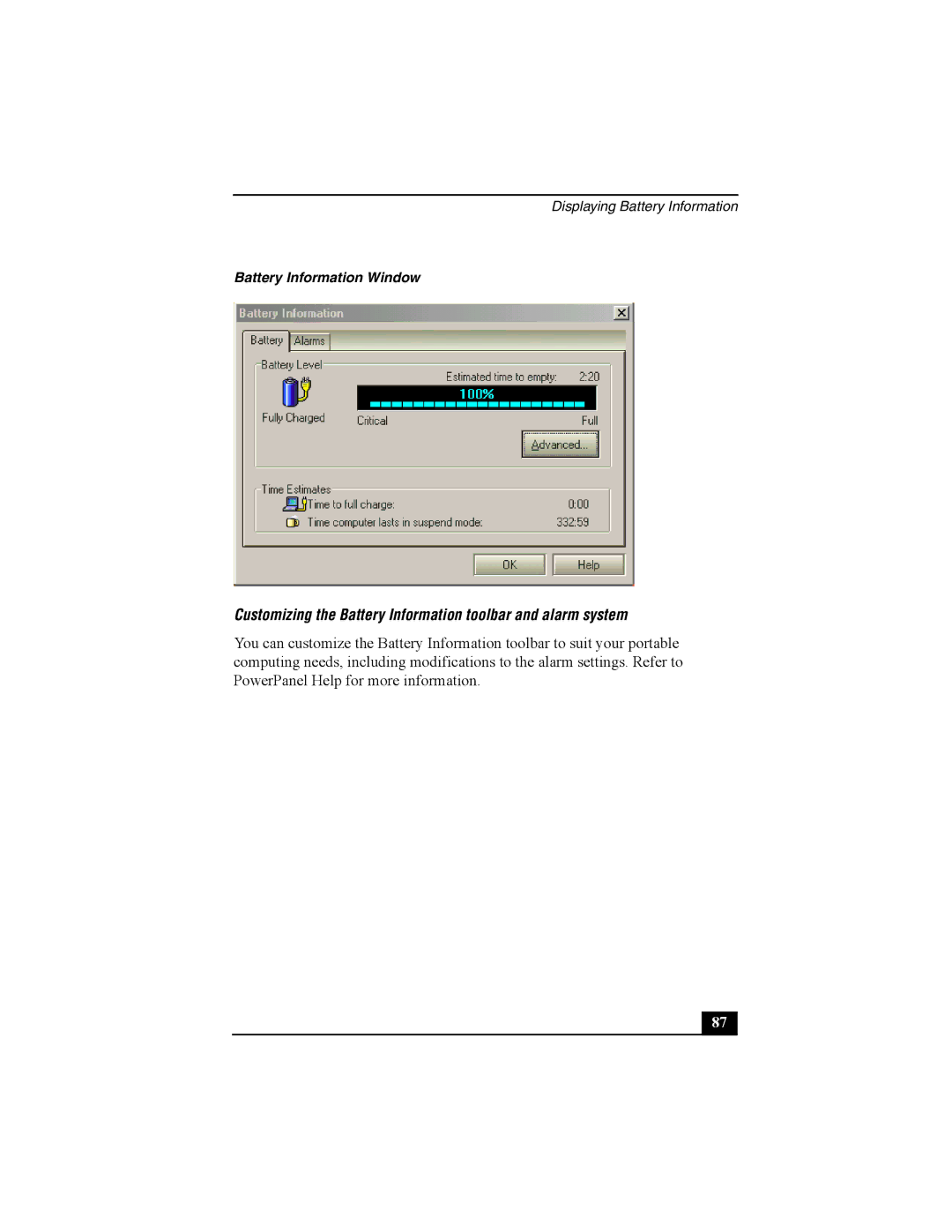 Sony Viao PictureBook Computer Customizing the Battery Information toolbar and alarm system, Battery Information Window 