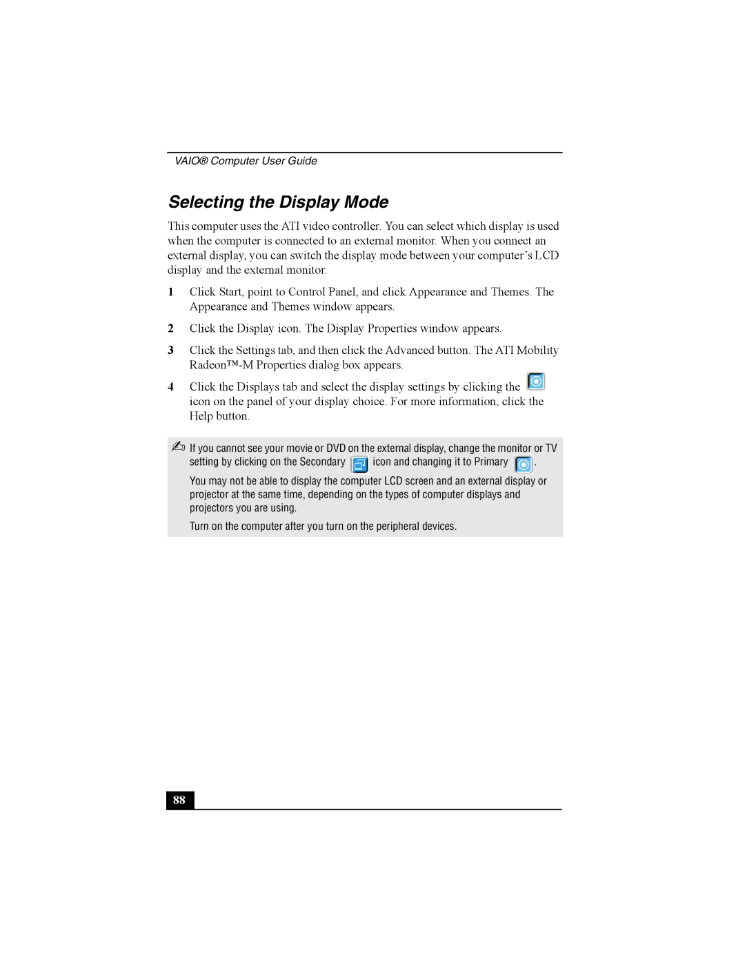 Sony Viao PictureBook Computer manual Selecting the Display Mode 