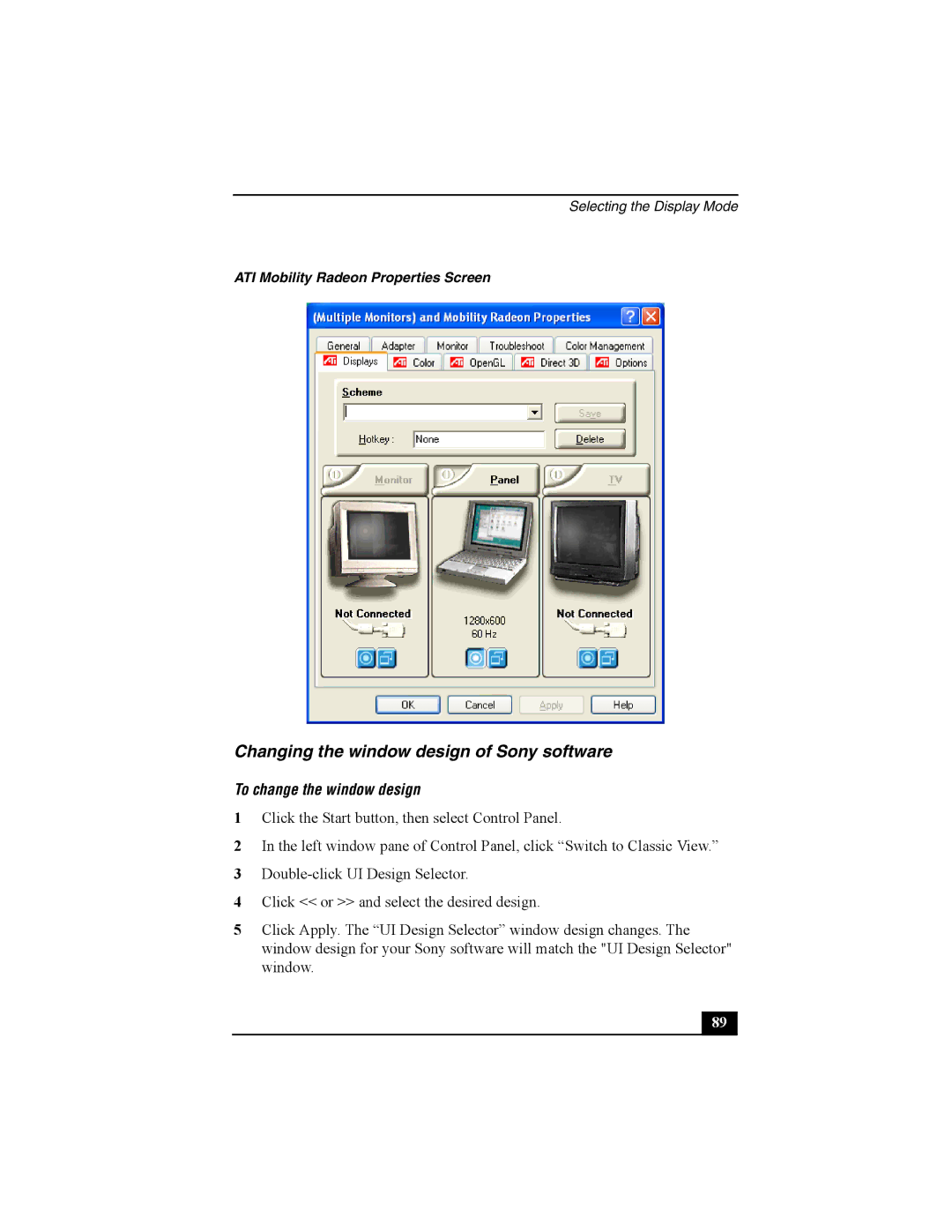 Sony Viao PictureBook Computer manual Changing the window design of Sony software, To change the window design 