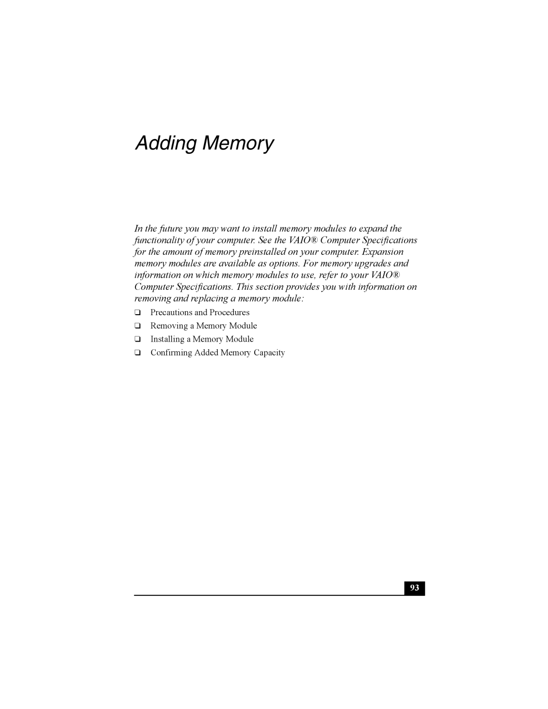 Sony Viao PictureBook Computer manual Adding Memory 