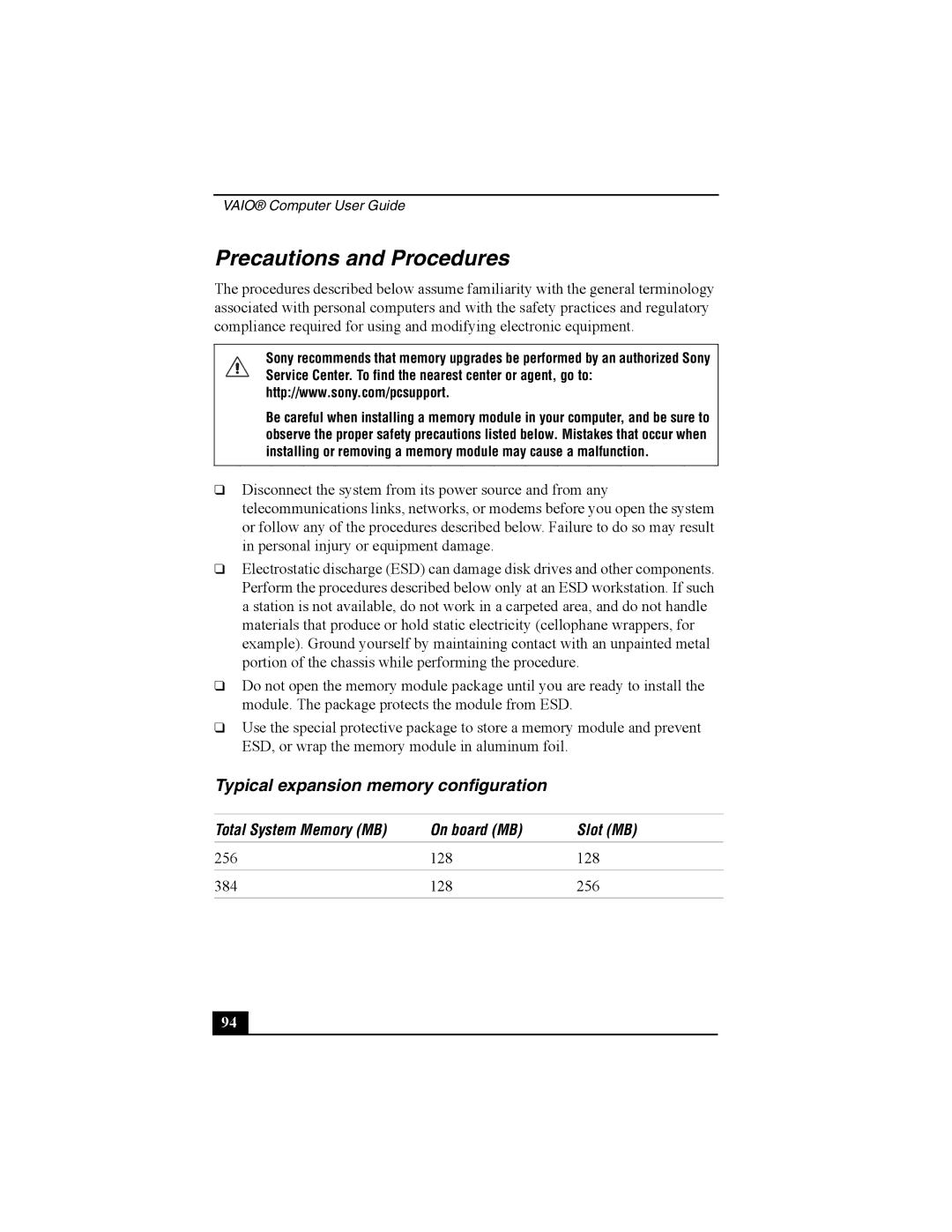 Sony Viao PictureBook Computer Precautions and Procedures, Typical expansion memory configuration, On board MB Slot MB 