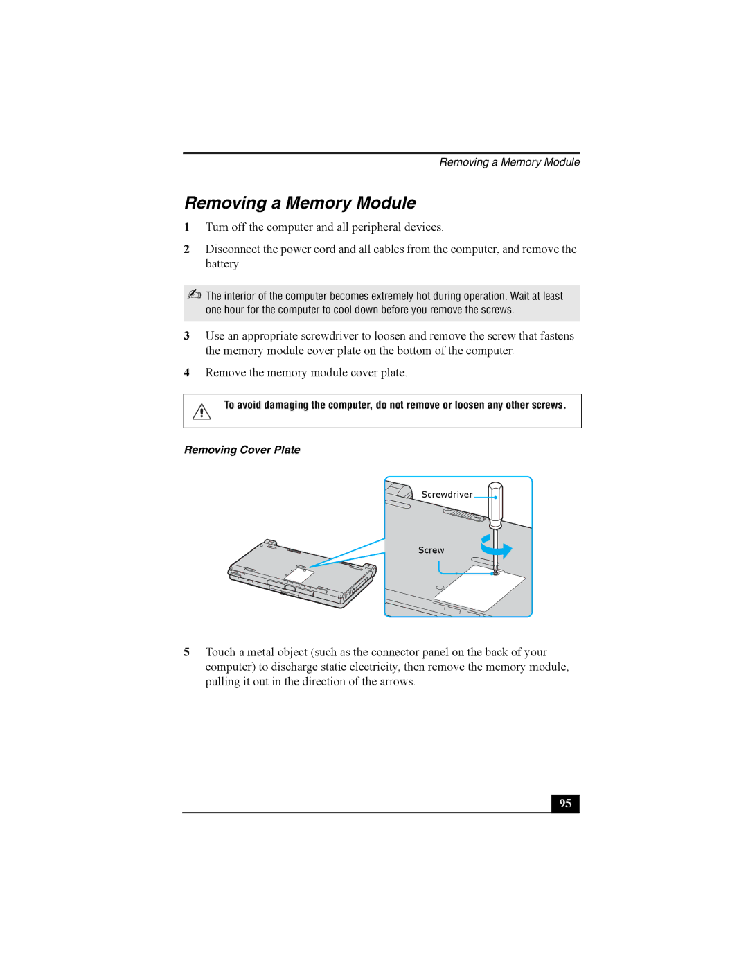 Sony Viao PictureBook Computer manual Removing a Memory Module, Removing Cover Plate 