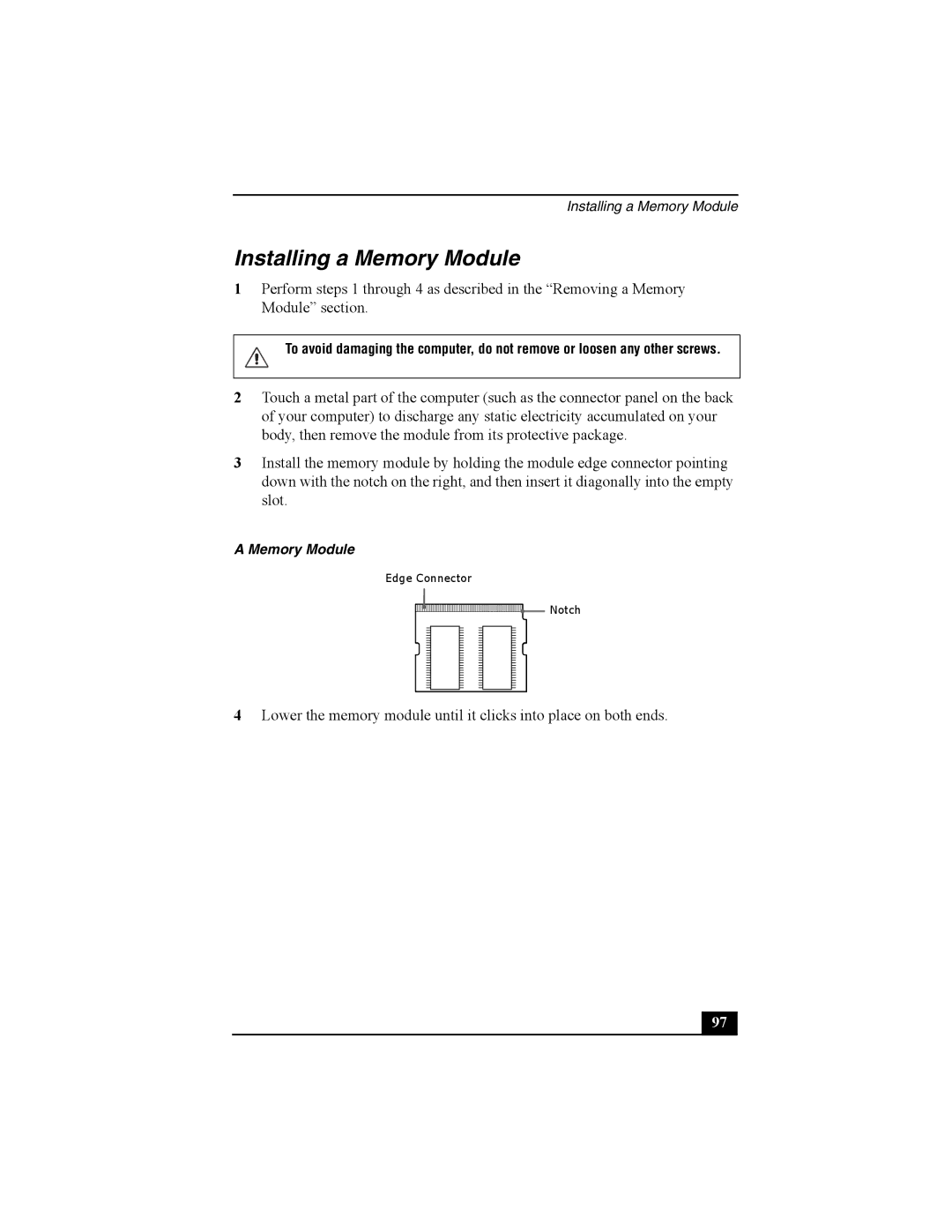 Sony Viao PictureBook Computer manual Installing a Memory Module 