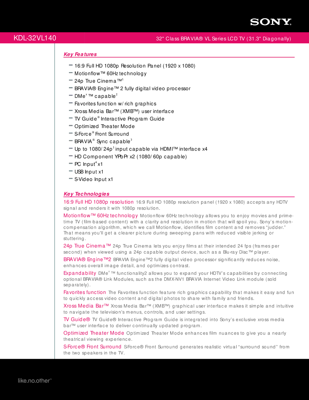 Sony VL Series manual Key Features, Key Technologies 