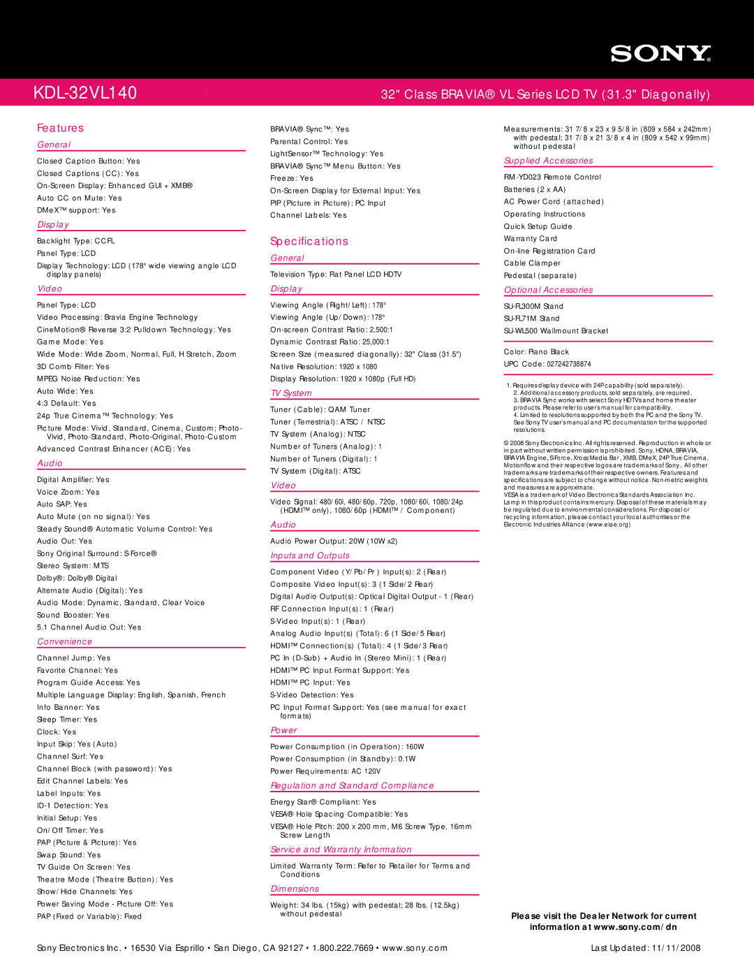 Sony VL Series manual Features, Specifications 